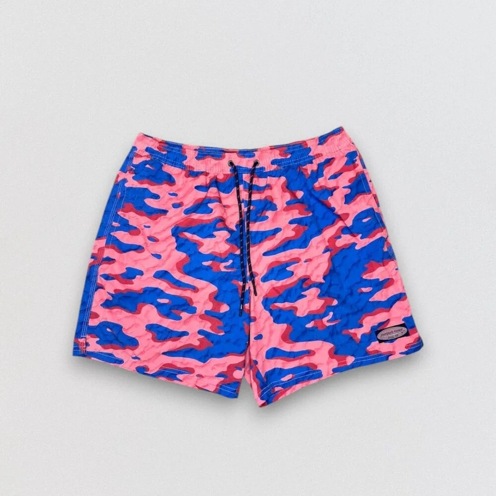 Men's Bright Pink Blue Camo Swim Trunks Board Shorts Size L